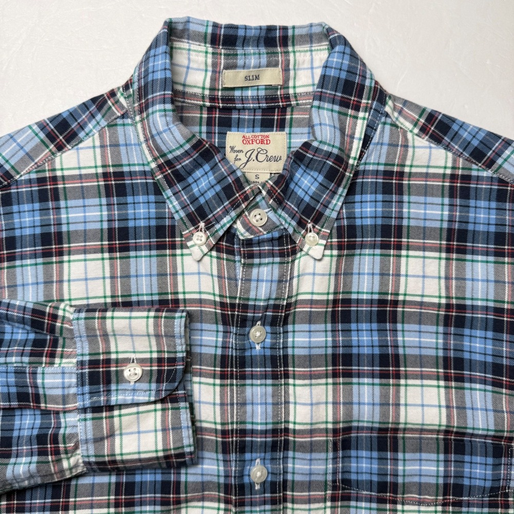 J.Crew Oxford Shirt Mens Small Slim Blue Plaid Long Sleeve Button Down G7416